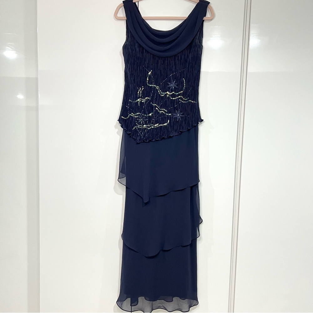 Vintage Patra navy tiered ruffle embroidered dress